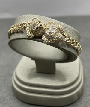 14K Yellow Gold CZ Curb Teddy Bear Bracelet (12962) (12962)